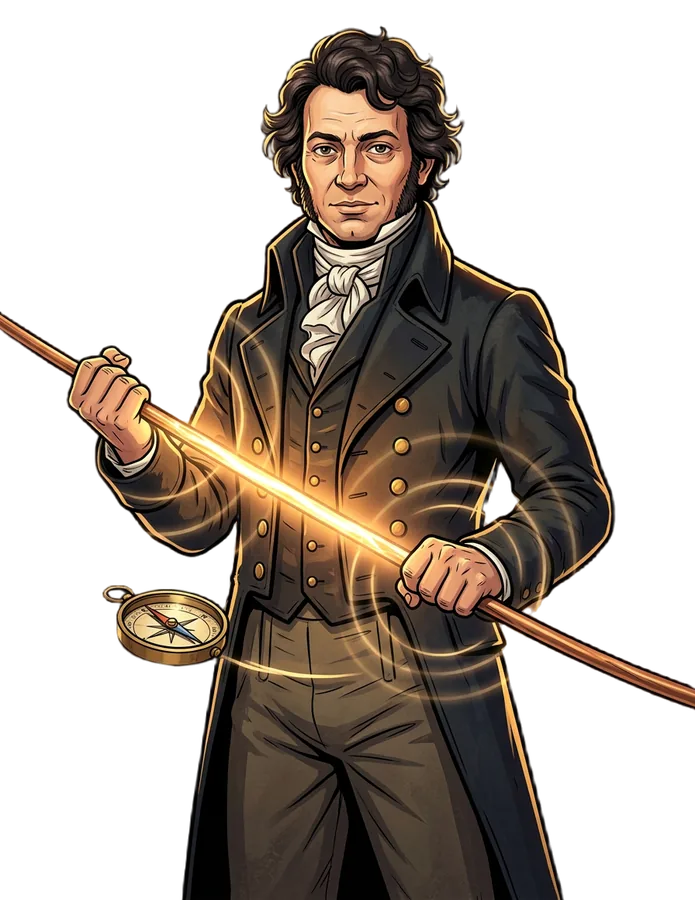 André-Marie Ampère con un cable con corriente y una brújula