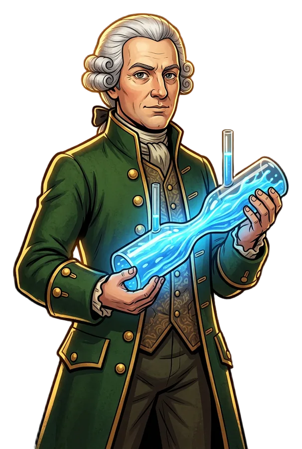 Daniel Bernoulli con un tubo de Venturi lleno de agua que corre