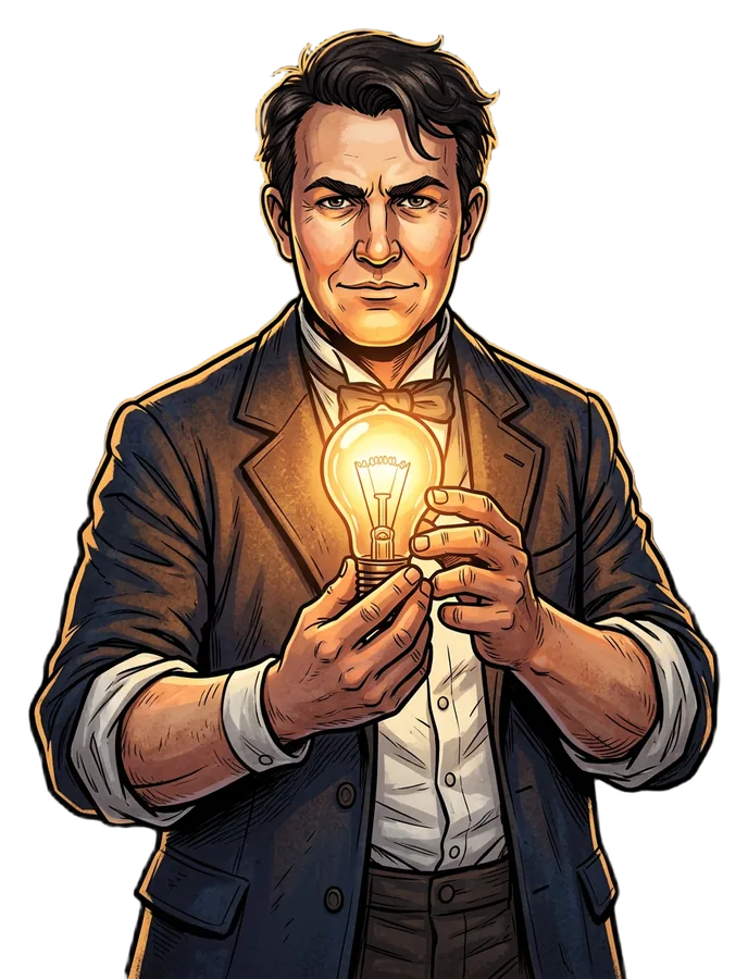 Thomas Edison sosteniendo una ampolleta encendida