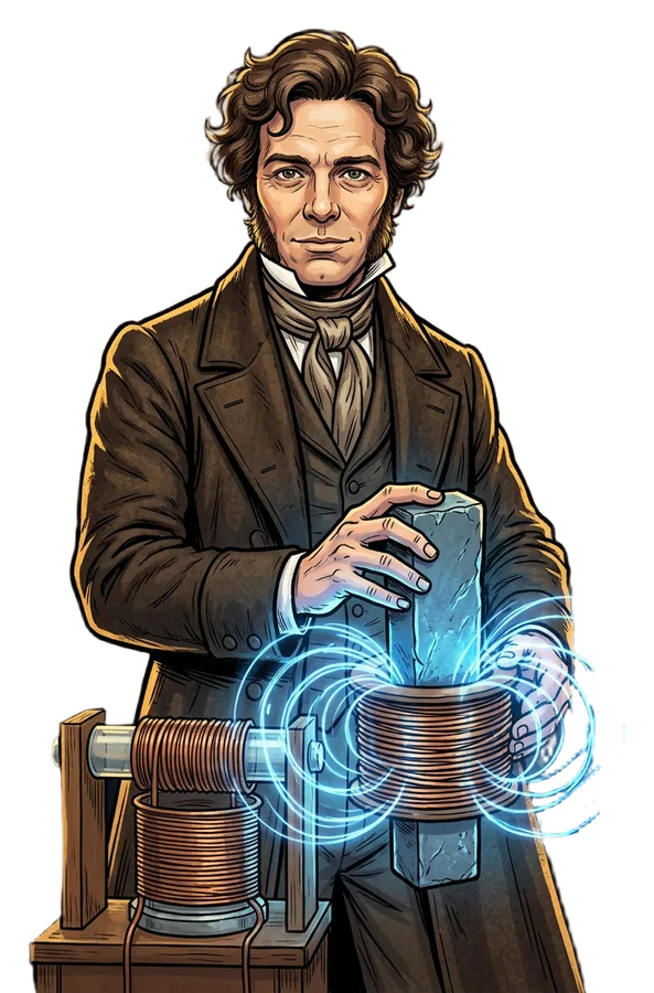 Michael Faraday metiendo un imán en una bobina de cobre