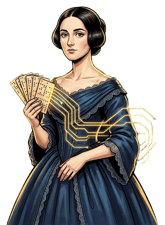 Ada Lovelace con tarjetas perforadas de la máquina analítica