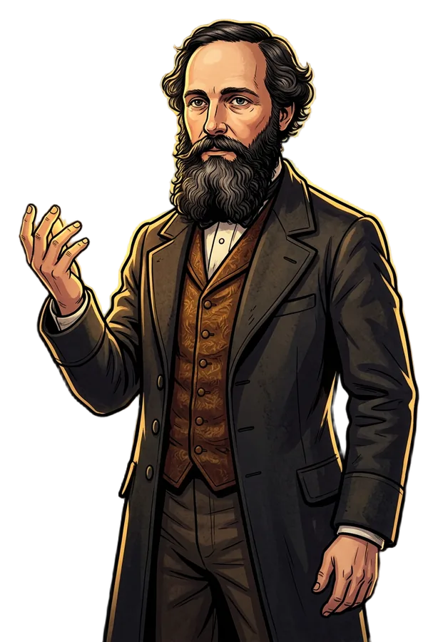 James Clerk Maxwell con ondas electromagnéticas en la mano