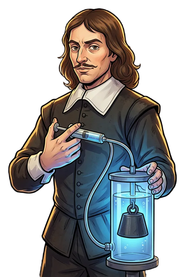 Blaise Pascal con una jeringa que levanta una pesa por presión de agua