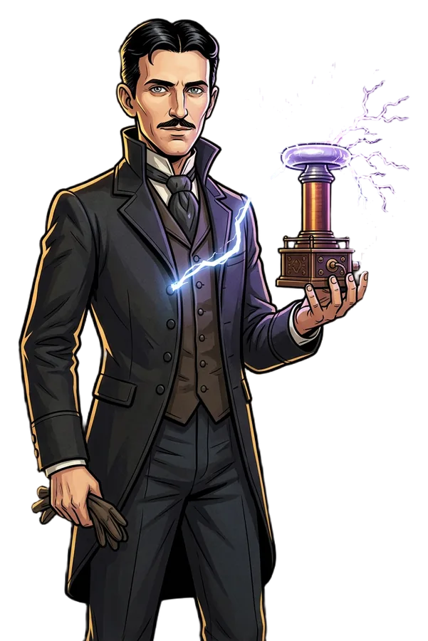 Nikola Tesla con un arco eléctrico que sale de su mano hacia una bobina