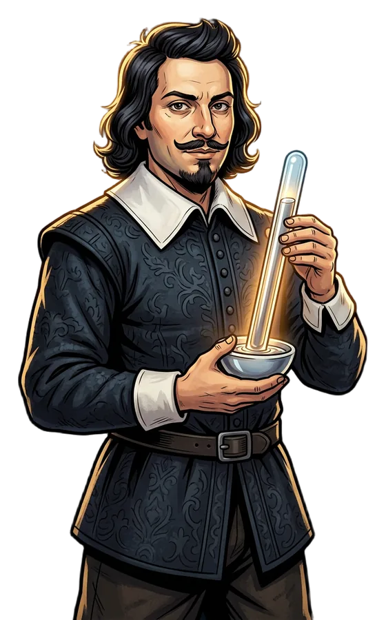 Evangelista Torricelli con un tubo de mercurio, el primer barómetro