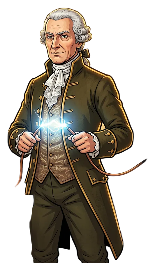 Alessandro Volta junto a su pila de discos de cobre y zinc