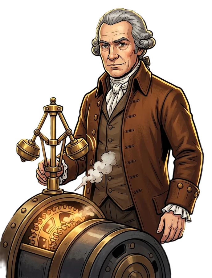 James Watt junto a una máquina de vapor con su regulador de bolas